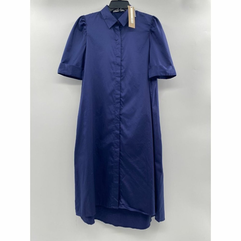 Do + Be Navy Blue Kayla Dress Midi Length Collared Button Front Puff Sleeve XS